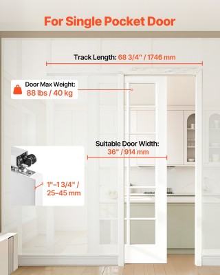 VEVOR Σετ Συρόμενης Πόρτας 1746 mm με Μηχανισμό Soft Close για Ομαλ...