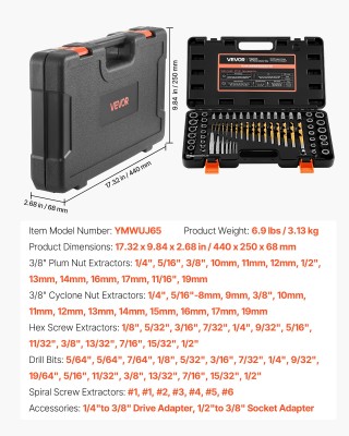 VEVOR Σετ Εξαγωγής Βιδών και Τρυπανιών 65 Τεμαχίων, Εξαγωγείς Μπουλ...