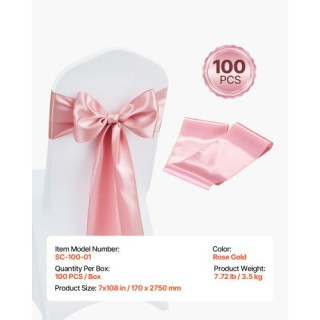 VEVOR Ροζ Χρυσές Σατέν Κορδέλες Καρέκλας, 100PCS, 275x17cm YTZSDMGJ...