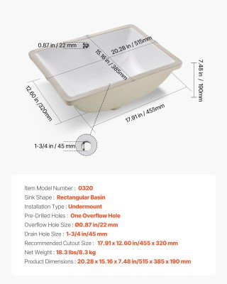 VEVOR Ορθογώνιος Υποκαθήμενος Νεροχύτης Μπάνιου, Λευκός Κεραμικός Ν...