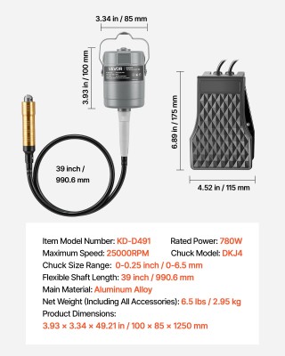 VEVOR Εύκαμπτος Ατράκτου Τροχός 780W 25000RPM με Ποδόπληκτρο και Σε...