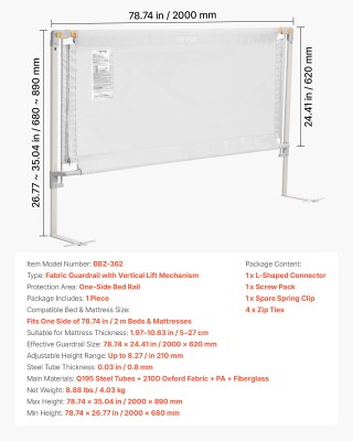 VEVOR Παιδικό Κάγκελο Κρεβατιού 2000x890 mm YYECLHHLBYSX7BGHE001V0