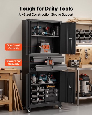 VEVOR Μεταλλική Ντουλάπα Αποθήκευσης με Ρόδες, Ρυθμιζόμενα Ράφια κα...