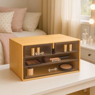 BAKAJI Οργανωτής Καλλυντικών Bamboo με 4 Διαφανή Συρτάρια - 13,8 x ...