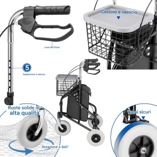 BAKAJI Περπατούρα με 3 Ρόδες και Καροτσάκι για Ηλικιωμένους με Αναπ...