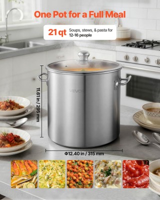 VEVOR Ανοξείδωτη Κατσαρόλα Stock Pot 19,9 L με Γυάλινο Καπάκι για Ε...