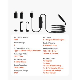 VEVOR Διπλός Φακός Ενδοσκόπιο Κάμερα για Android & IOS με 3μ Εύκαμπ...