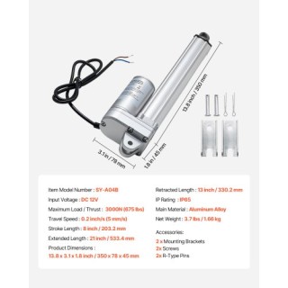 VEVOR 12V Γραμμικός Ενεργοποιητής, 203.2mm Διαδρομή, Αδιάβροχος IP6...