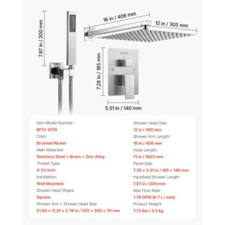 VEVOR Σετ Ντους με Τετράγωνη Κεφαλή 12 - Νίκελ Βουρτσισμένο BGSAZDP...