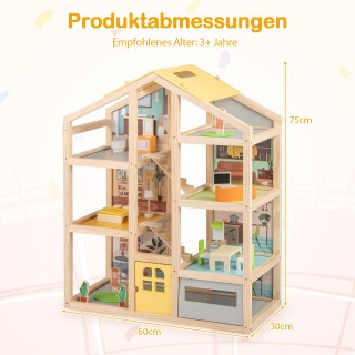 Costway Ξύλινο Κουκλόσπιτο με Έπιπλα και Φιγούρες για Παιδιά TP10389YE