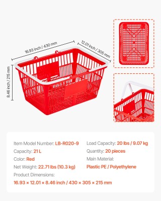 VEVOR Σετ 20 Πλαστικά Καλάθια Αγορών 21L Κόκκινα με Χειρολαβές, Στο... VEVOR Σετ 20 Πλαστικά Καλάθια Αγορών 21L Κόκκινα με Χειρολαβές, Στο...