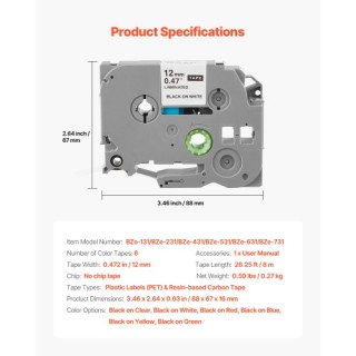 VEVOR Σετ Ετικετών (6 Τεμάχια) 12mm Πολύχρωμη Ανταλλακτική Ταινία L...