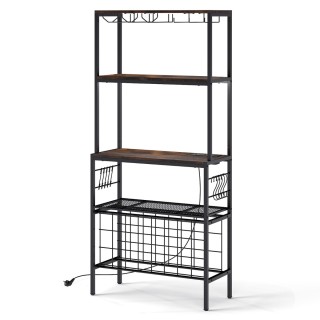 Costway Ρουστίκ Καφέ Ράφι Κρασιών με Πρίζα και Κρεμάστρες για Ποτήρ...