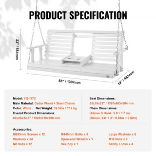 Ξύλινη Κρεμαστή Κούνια Βεράντας 60 VEVOR - Λευκή MLQQCMK5YC00R2Q5LV0 Ξύλινη Κρεμαστή Κούνια Βεράντας 60 VEVOR - Λευκή MLQQCMK5YC00R2Q5LV0