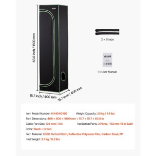 VEVOR Σκηνή Καλλιέργειας Εσωτερικού Χώρου 40 x 40 x 160 cm, 600D Αν...