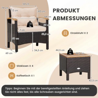 Costway Σετ Εξωτερικών Επίπλων 3 Τεμαχίων με Ανθεκτικό Ρατάν και Με...