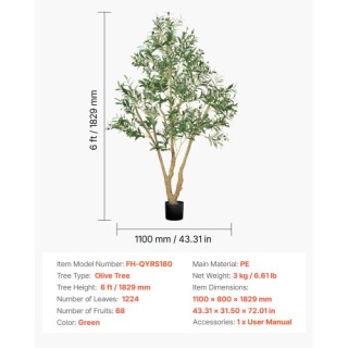 VEVOR Τεχνητή Ελιά 180cm με Γλάστρα για Σπίτι ή Γραφείο RZS6FTGLSSL...