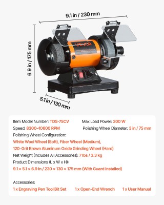VEVOR Γυαλιστικό Πάγκου 8300-10600 σ.α.λ. με Ρυθμιζόμενη Ταχύτητα κ...