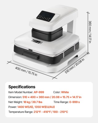 VEVOR Πολυλειτουργική Μηχανή Θερμομεταφοράς, 38 x 38 cm ZNRYJSJS15X... VEVOR Πολυλειτουργική Μηχανή Θερμομεταφοράς, 38 x 38 cm ZNRYJSJS15X...