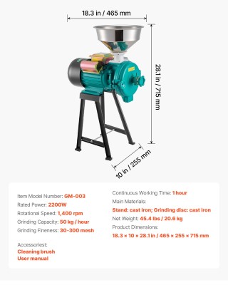 VEVOR Ηλεκτρικός Μύλος Άλεσης 2200W για Ξηρούς Κόκκους & Μπαχαρικά ...