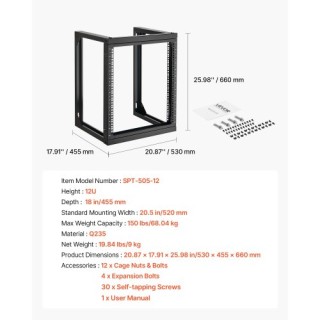 VEVOR 12U Επιτοίχιος Σερβερ Ρακ VEVOR, Μέγιστο Φορτίο 68.04 kg, Βάθ...