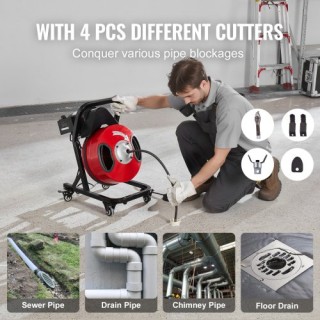 VEVOR Μηχάνημα Καθαρισμού Αποχέτευσης 50FT x 1/2 Χειροκίνητο Φίδι μ...