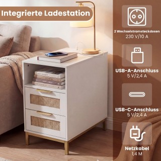 Costway Λευκός Πλαϊνός Τραπέζι με Σταθμό Φόρτισης & 2 Συρτάρια από ...