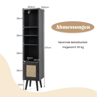 Costway  Μαύρη Boho Βιβλιοθήκη με Ρατάν Πόρτα & 4 Ράφια JV10828DK