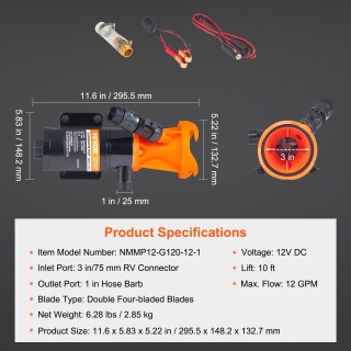 VEVOR Φορητή Αντλία Μακρητήρα  για RV, 12V, 12 GPM, Γρήγορης Απελευ...