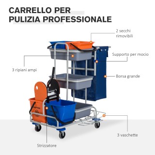 Homcom Professional Cleaning Cart with 4 Bucket Wheels Canvas Bag, ...