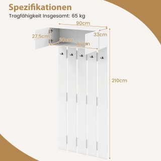 Costway Λευκή Επιτοίχια Κρεμάστρα με 5 Διπλούς Γάντζους & 2-πορτο Ν...