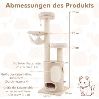 Costway Μεγάλο Δέντρο Γάτας με 2-όροφη Κολώνα Ξυσίματος και 2 Αιώρε...