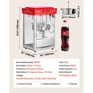 VEVOR Μηχανή Ποπκόρν Πάγκου 800W 0.2kg Καζάνι Κόκκινο TSBMHJHS8OZW7...