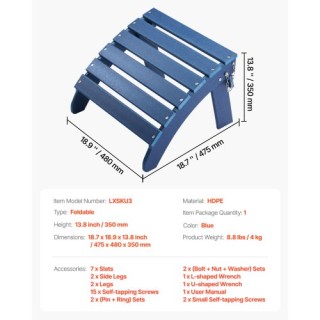 VEVOR Πτυσσόμενο Υποπόδιο HDPE Μπλε 18.7L x 18.9W x 13.8H Ίντσες KZ...