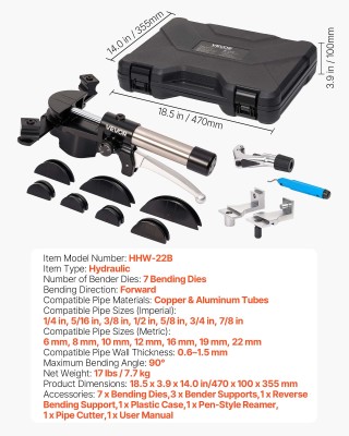 VEVOR Σετ Υδραυλικού Σωληνοκάμπτη, 6-22 mm, με 7 Καλούπια από Αλουμ...