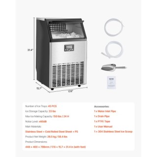 VEVOR Επαγγελματική Παγομηχανή Ελεύθερης Τοποθέτησης 150lbs/24H 45 ...