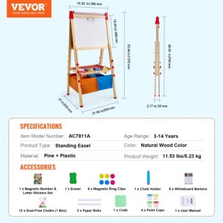 VEVOR  Παιδικός Πίνακας Ζωγραφικής Διπλής Όψης Μαγνητικός Ξύλινος  ...