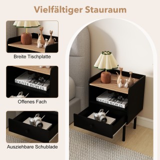 Costway Μοντέρνο Κομοδίνο με Συρτάρι και Ανοιχτό Ράφι, Μαύρο με Μετ...