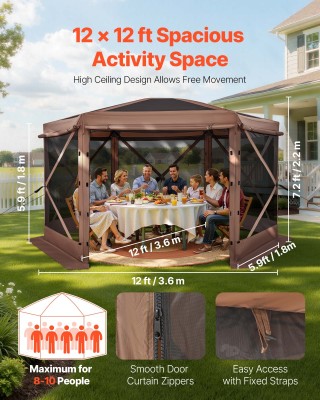 VEVOR Μεγάλη Εξάπλευρη Σκηνή Gazebo 3.6 x 3.6 m με Αφαιρούμενη Οροφ...