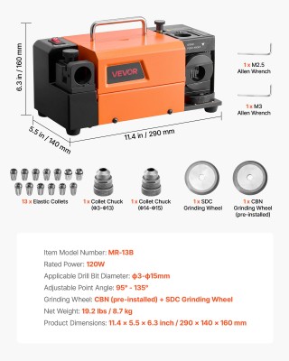 VEVOR Συσκευή Ακονίσματος Τρυπανιών MR-13B, ρυθμιζόμενης γωνίας, 3-...
