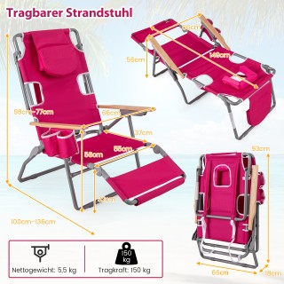 Costway Πτυσσόμενη Καρέκλα Παραλίας με Υποπόδιο και Μαξιλάρι - Ροζ ...