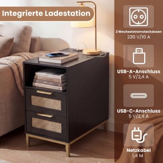 Costway Μαύρο Τραπεζάκι με Σταθμό Φόρτισης & 2 Συρτάρια από Ρατάν &...