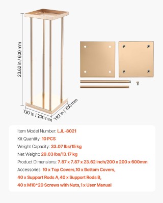 VEVOR Χρυσά Σταντ Λουλουδιών για Γάμο, 10 τμχ, 60εκ, Κυλινδρικά Μετ...