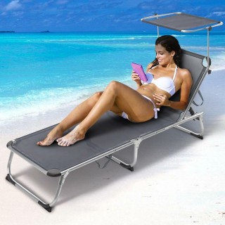BAKAJI  Ξαπλώστρα με Σκίαστρο Παραλίας Γκρι Αλουμινίου Πτυσσόμενη  ...