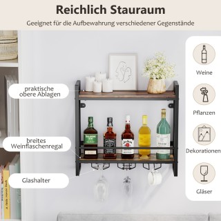 Costway Διπλό Ράφι Κρασιού Τοίχου με 3 Κρατητές Ποτηριών - Ξύλινη Κ...