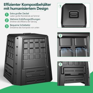 Costway Μαύρος Θερμοκομποστοποιητής Κήπου 380L με Ρυθμιζόμενους Αερ...