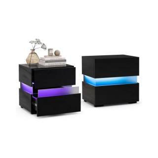 Costway  Σετ 2 Κομοδίνων LED με Υψηλή Γυαλάδα και 2 Συρτάρια Μαύρο ...