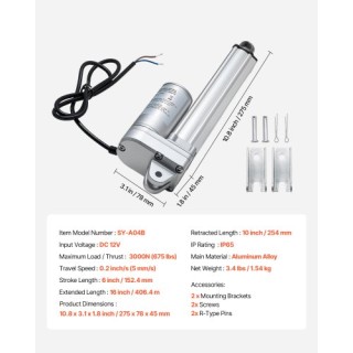 VEVOR Γραμμικός Ενεργοποιητής 12V, Διαδρομή 152.4mm, Αδιάβροχος IP6...