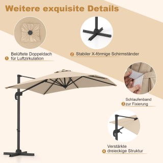 Costway Ορθογώνια Ομπρέλα Κρεμαστή 250 x 250 cm με Μανιβέλα Μπεζ NP...