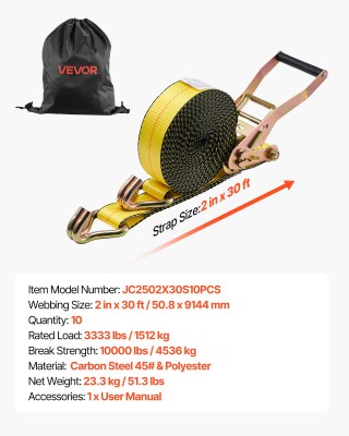VEVOR Ιμάντες Δέσης με Καστάνια, 50.8 mm x 9.1 m, Αντοχή 4536 kg, Σ...